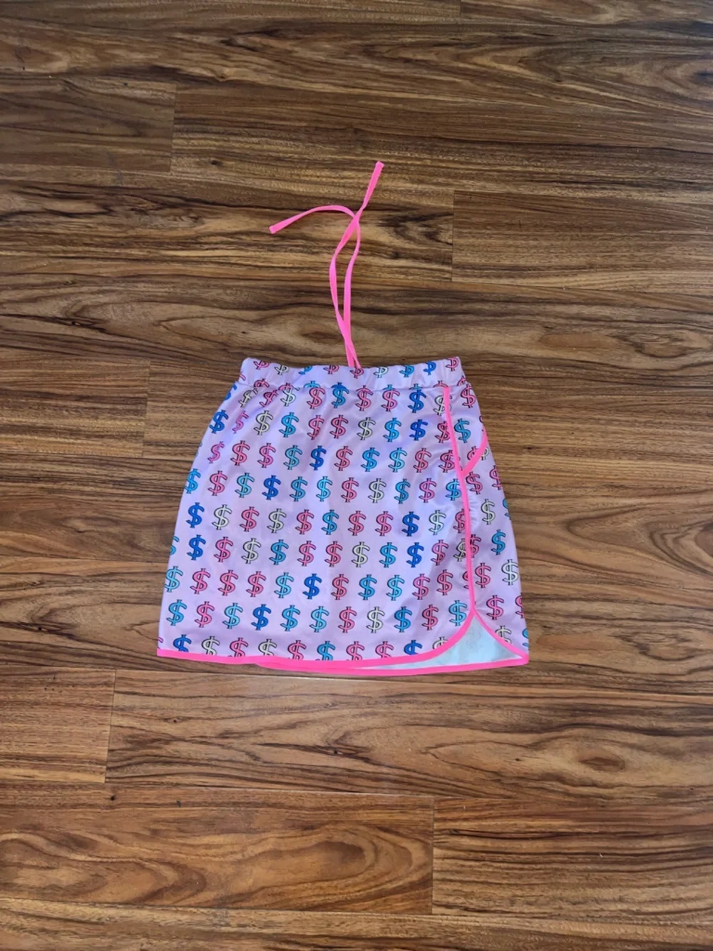 Pink Dollar Sign Print stretch mini Skirt with Neon Trim with pockets